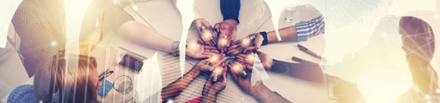 Teamwork and brainstorming concept with businessmen that share an idea with a lamp. Concept of startup. Double exposure